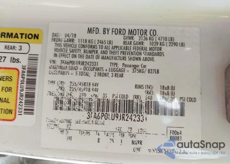 2018 Ford Fusion Hybrid Se z USA, uszkodzony, nr VIN 3FA6P0LU9JR242331